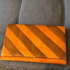 Vintage 70’s Diagonal Stripe Leather Over Sized Clutch in Orange & Brown.